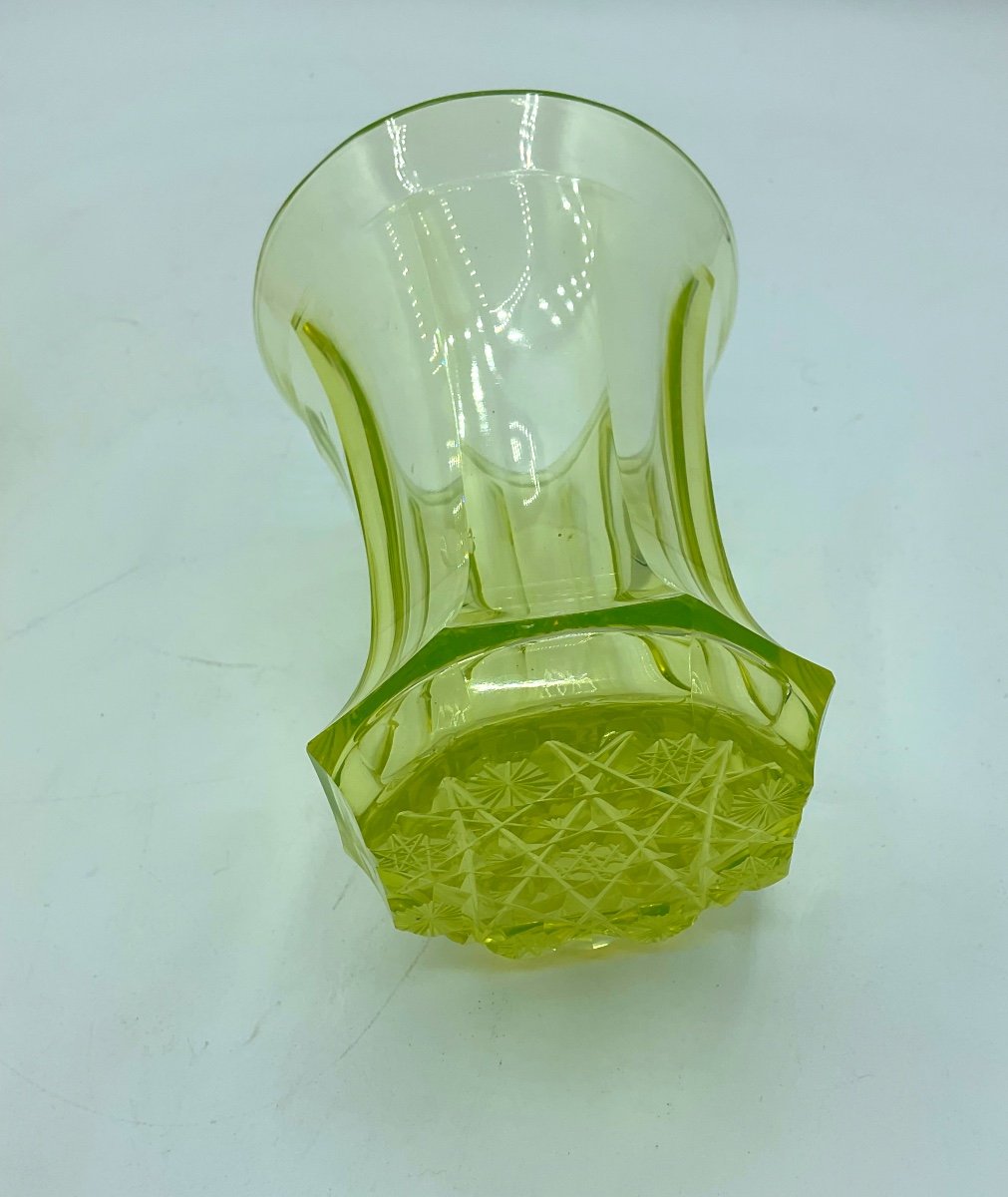 Biedermeier Uranium Glass Vase With Crystal Cut Base