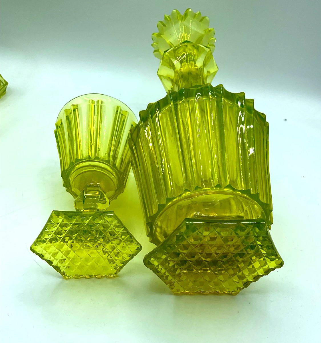 Antique Bohemian Uranium Glass Set Carafe With Drinking Glass-photo-6