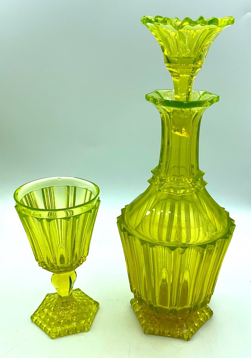 Antique Bohemian Uranium Glass Set Carafe With Drinking Glass