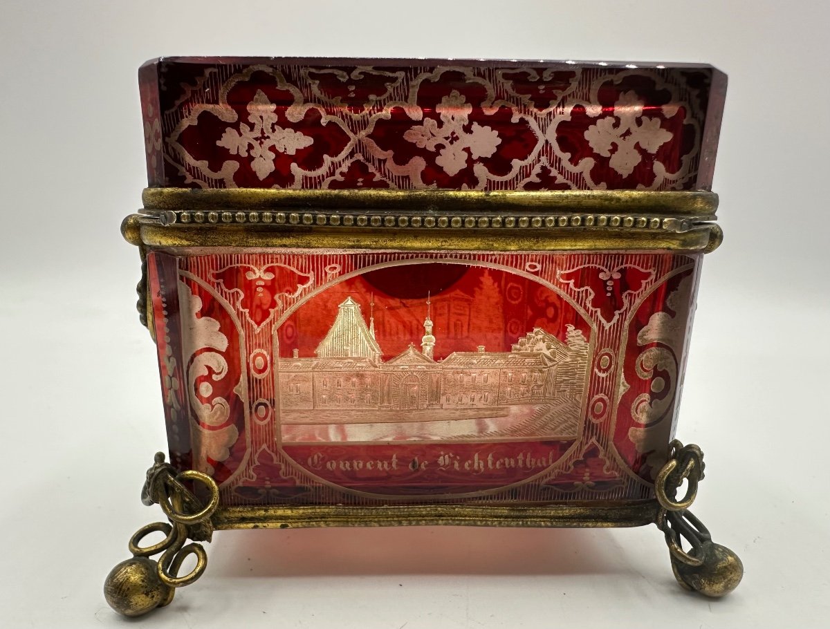 Antique Bohemian Ruby Glass Box Engraved With Cities View -photo-3