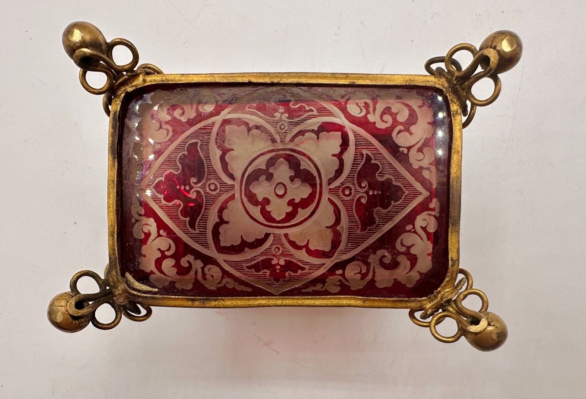 Antique Bohemian Ruby Glass Box Engraved With Cities View -photo-3