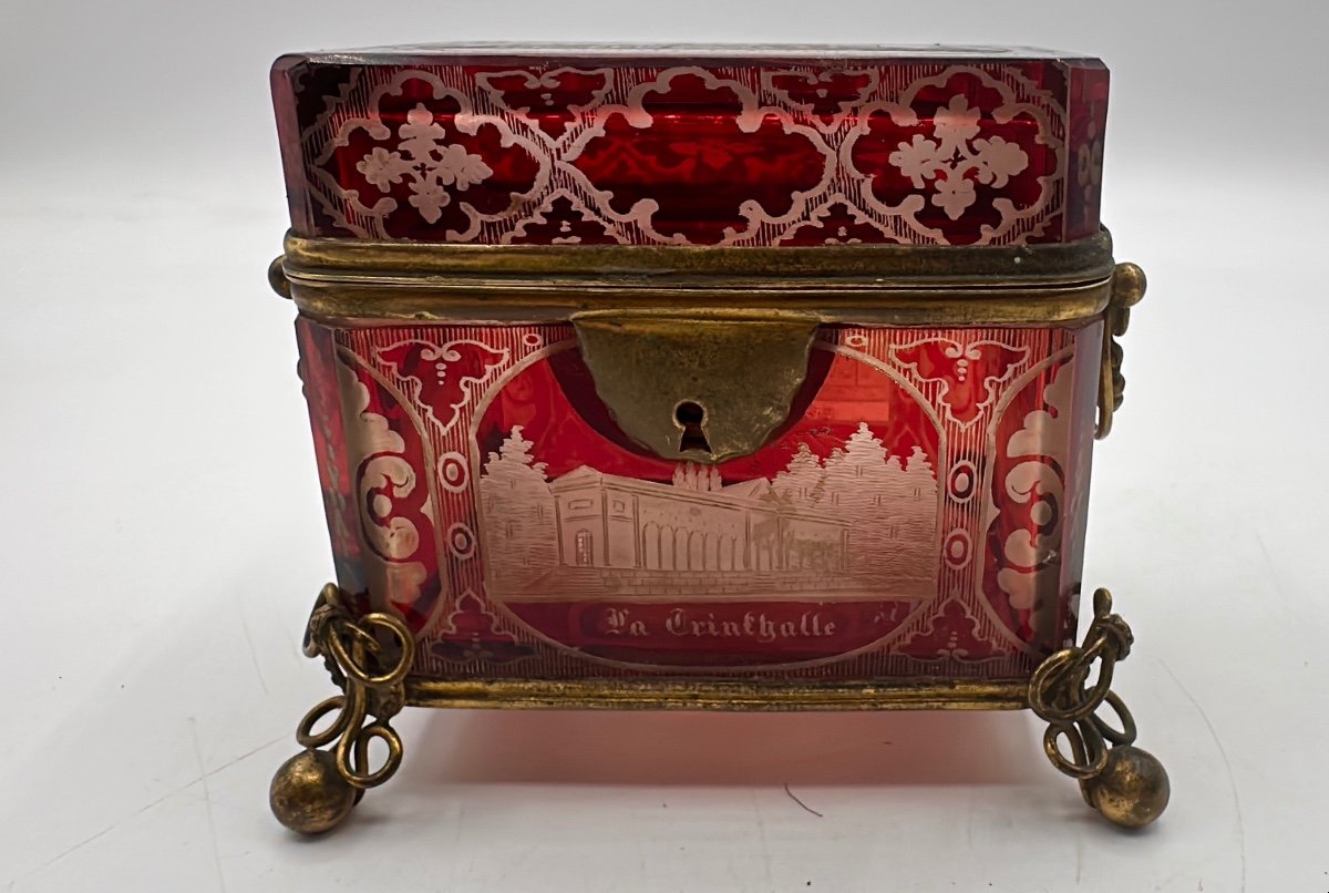 Antique Bohemian Ruby Glass Box Engraved With Cities View -photo-4