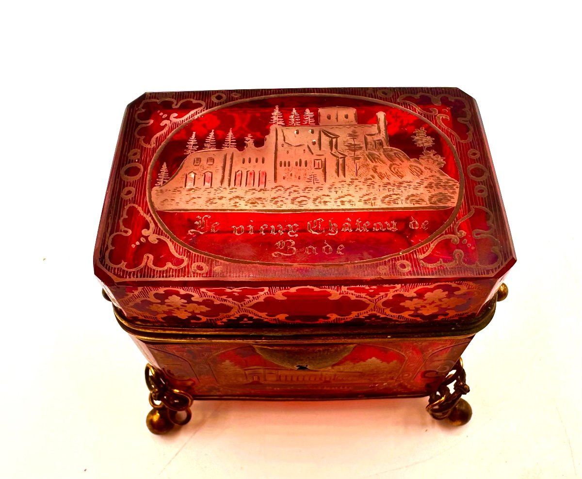 Antique Bohemian Ruby Glass Box Engraved With Cities View 