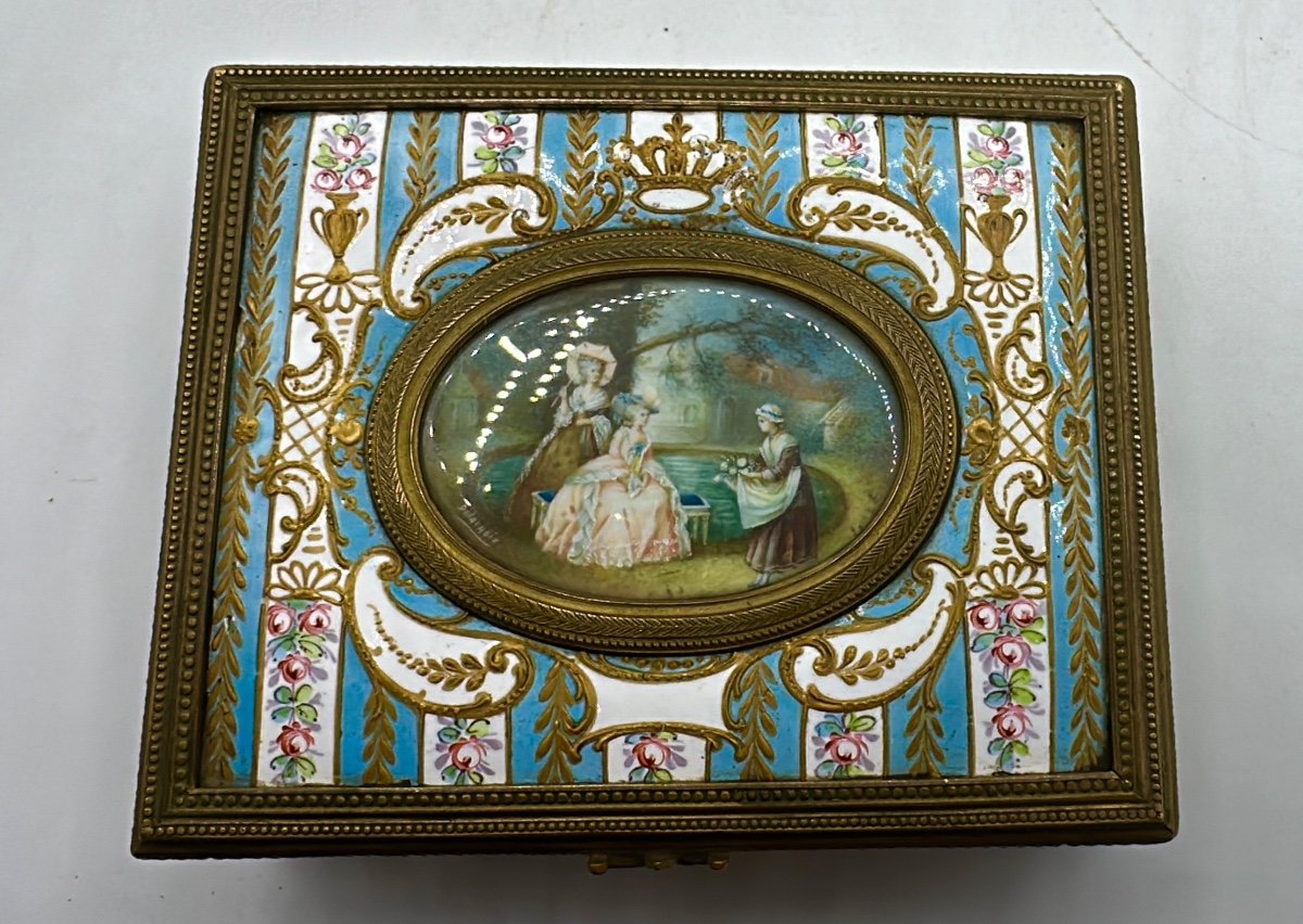 Coffret Ancien émaillé Sur Métal Avec Monture En Bronze avec miniature ,xixeme signé Delacroix 