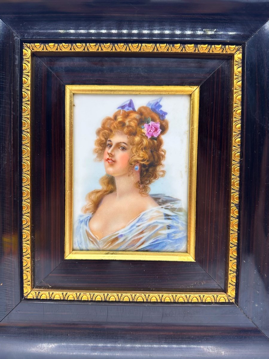 Antique Porcelain Plaque In Old Wood Frame-photo-2