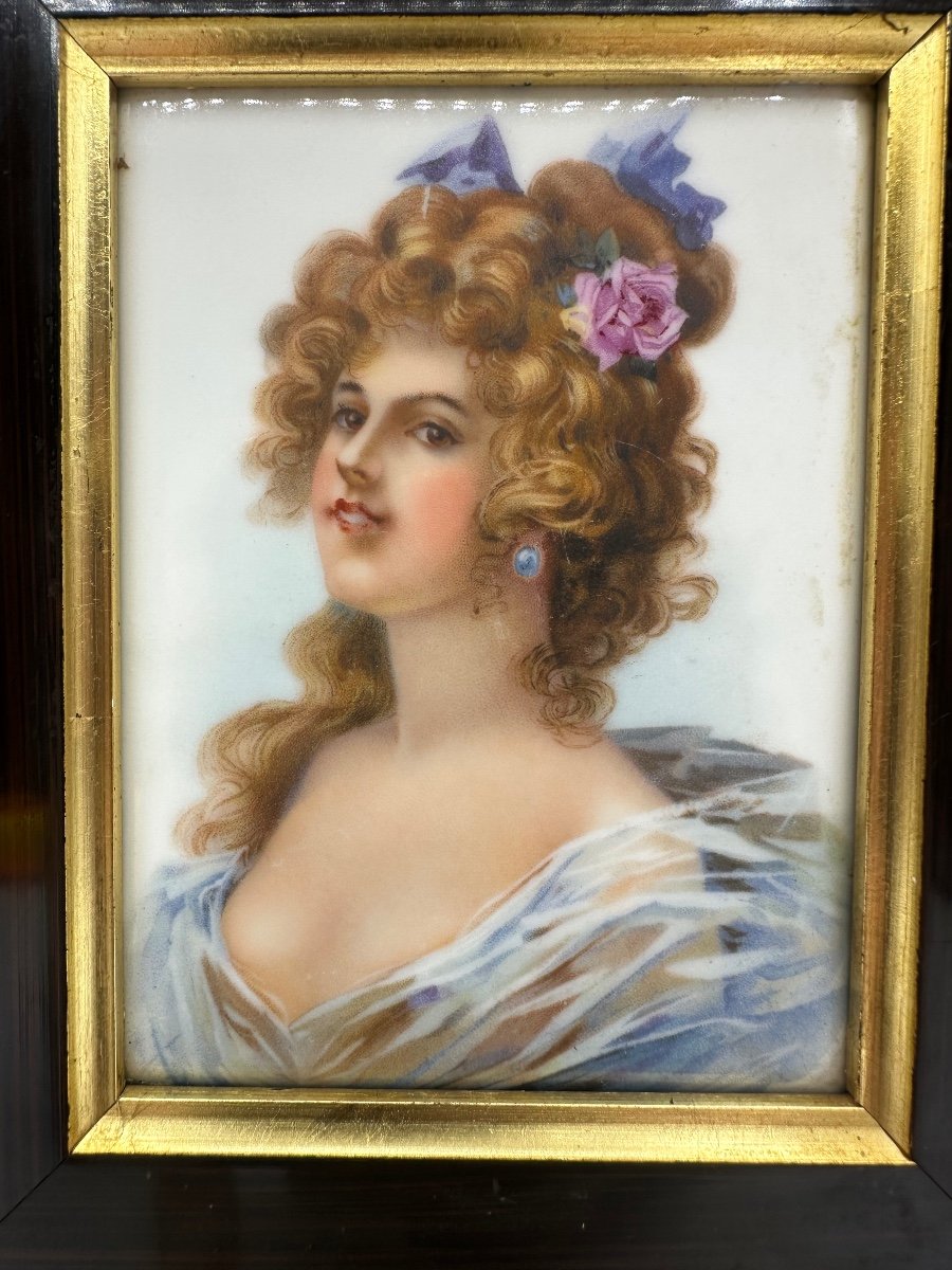 Antique Porcelain Plaque In Old Wood Frame-photo-3