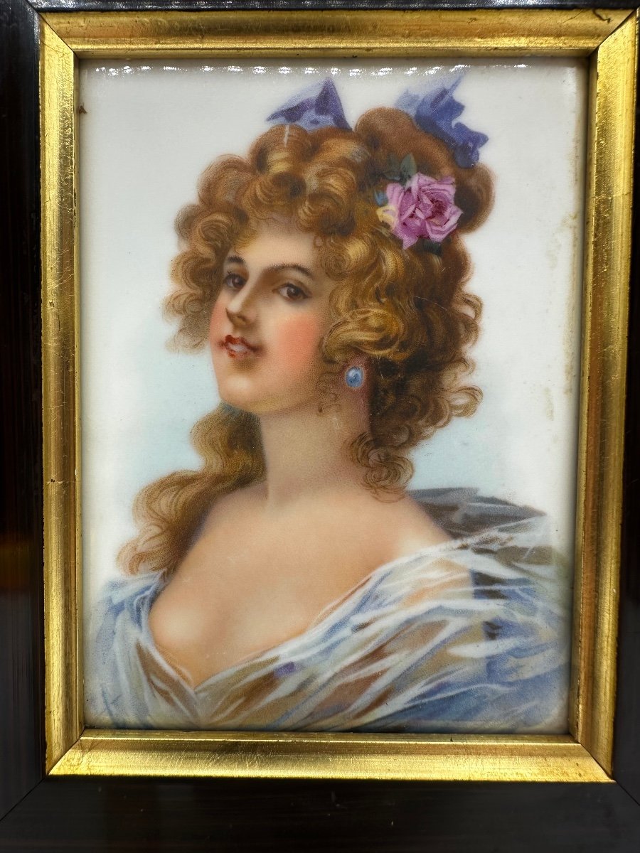 Antique Porcelain Plaque In Old Wood Frame-photo-2