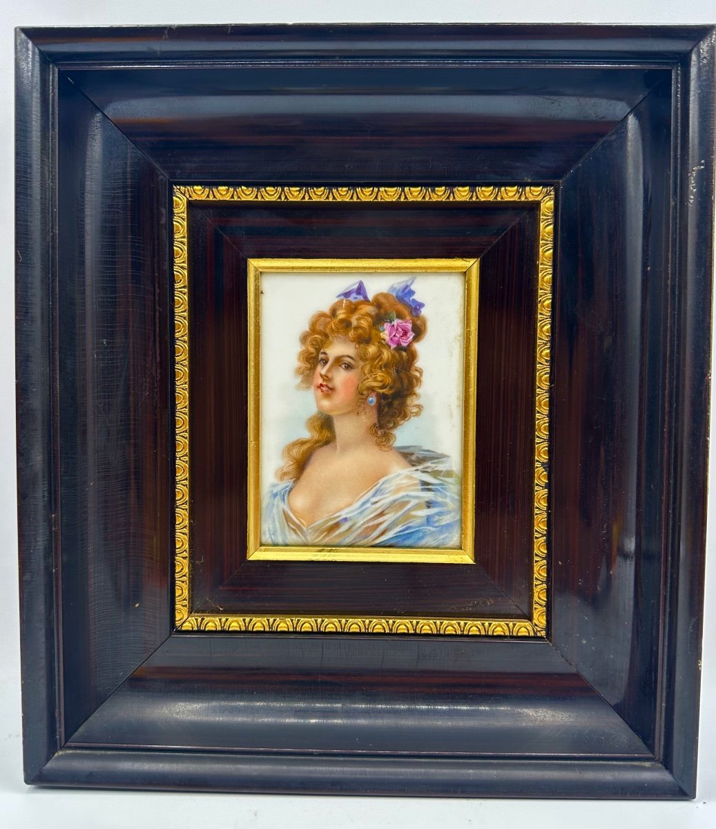 Antique Porcelain Plaque In Old Wood Frame-photo-6