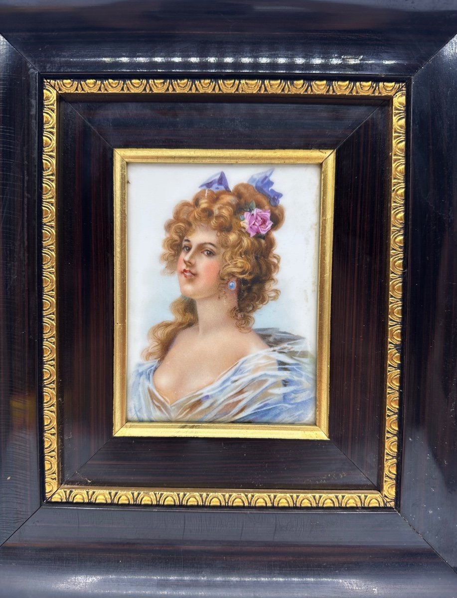 Antique Porcelain Plaque In Old Wood Frame