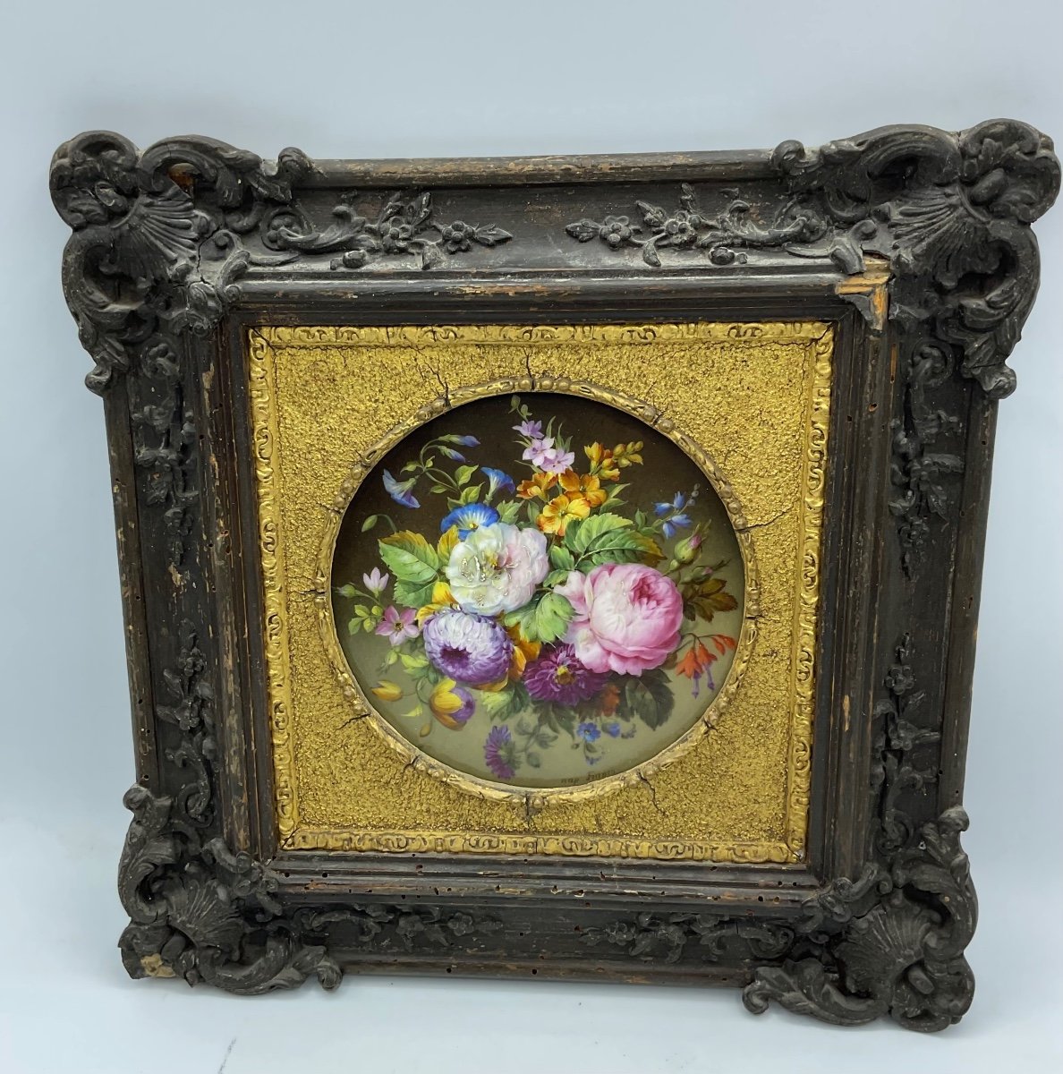 Antique Porcelain Wall Plaque In A Wood Carved Frame  -photo-2