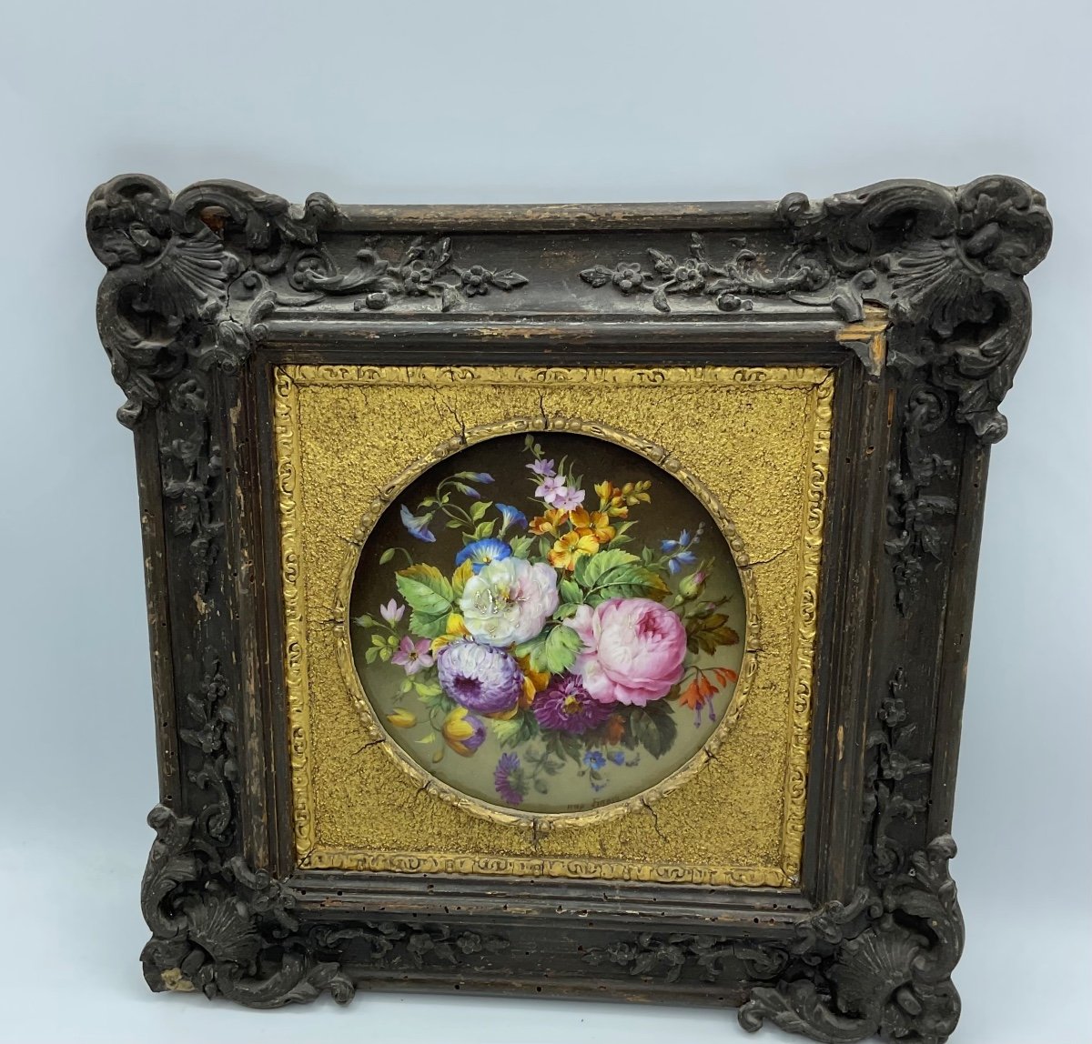 Antique Porcelain Wall Plaque In A Wood Carved Frame  -photo-3