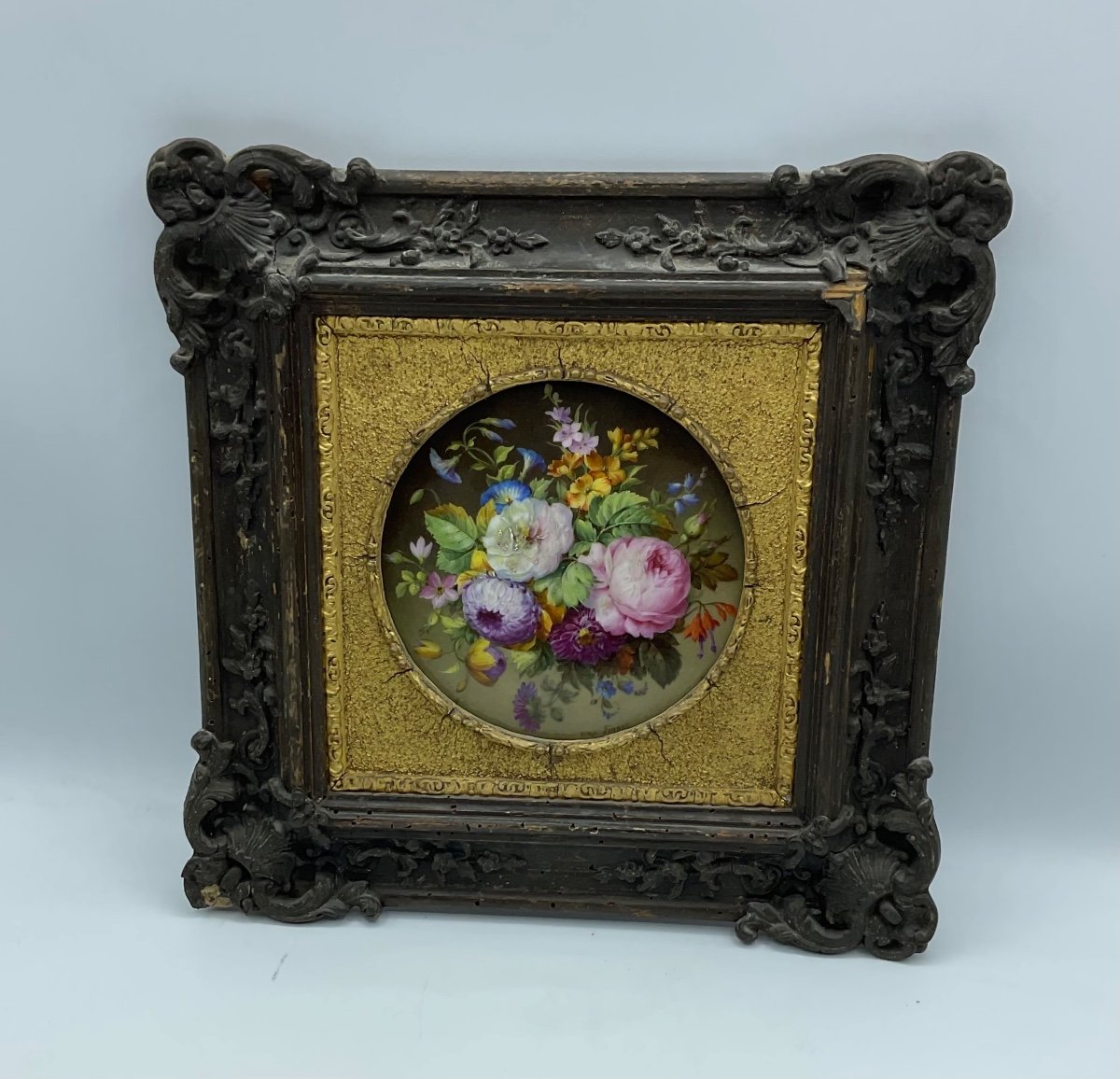 Antique Porcelain Wall Plaque In A Wood Carved Frame  -photo-4