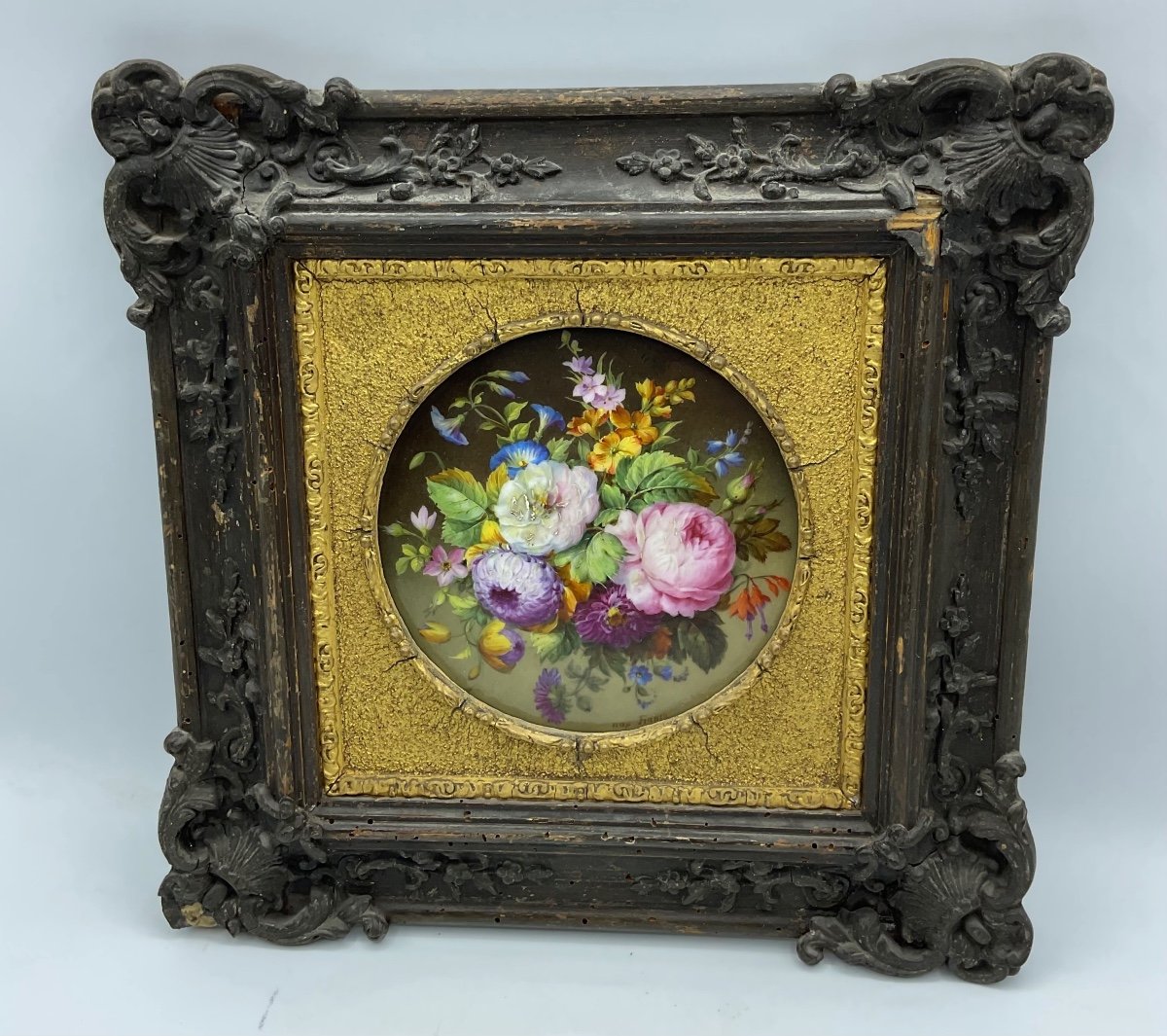 Antique Porcelain Wall Plaque In A Wood Carved Frame  