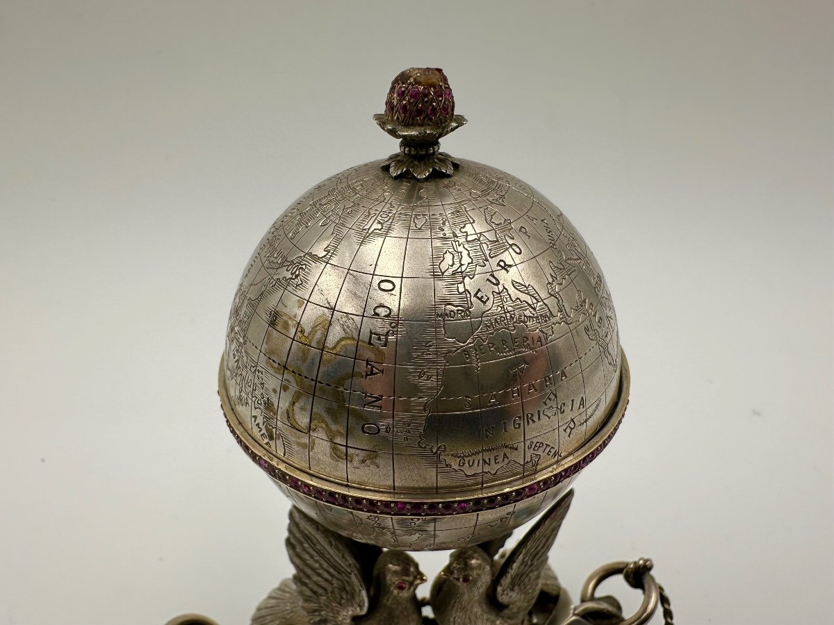 Antique Silver Caviar Globe Shape Bowl With Ruby Stones,possibly Russian -photo-2