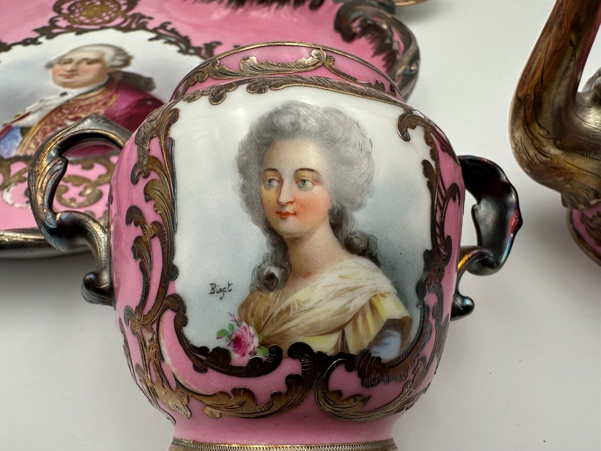 Tête-à-tête En Porcelaine De  Sèvres Monté En Argent Louisxvi & Marie Antoinette-photo-2