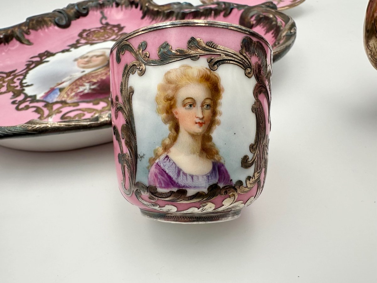 Tête-à-tête En Porcelaine De  Sèvres Monté En Argent Louisxvi & Marie Antoinette-photo-4