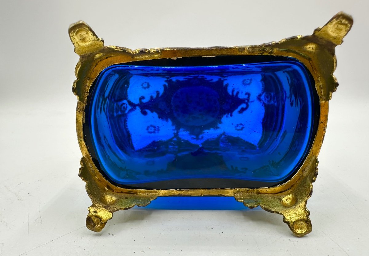 Ancienne Boîte à Bijoux De Bohème Moser En Verre Bleu émaillé , 19ème Siècle-photo-1