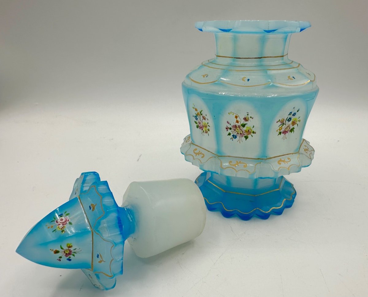 Antique French Opaline Double Overlay Glass Perfume Bottle,large. Barfatan Glass-photo-5