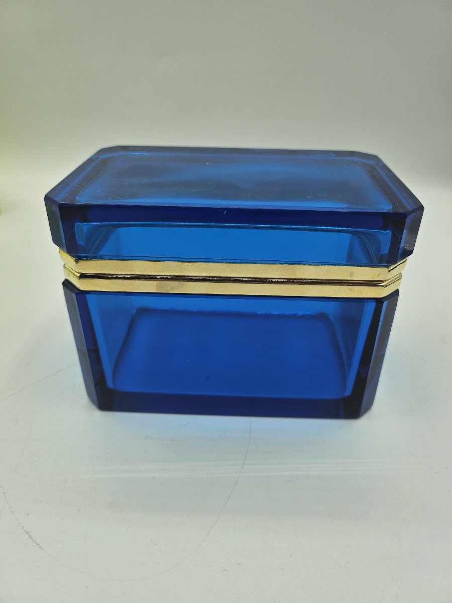 Antique Bohemian Crystal Glass Box Casket In Deep Sapphire Blueantique Bohemian Crystal Glass B-photo-1