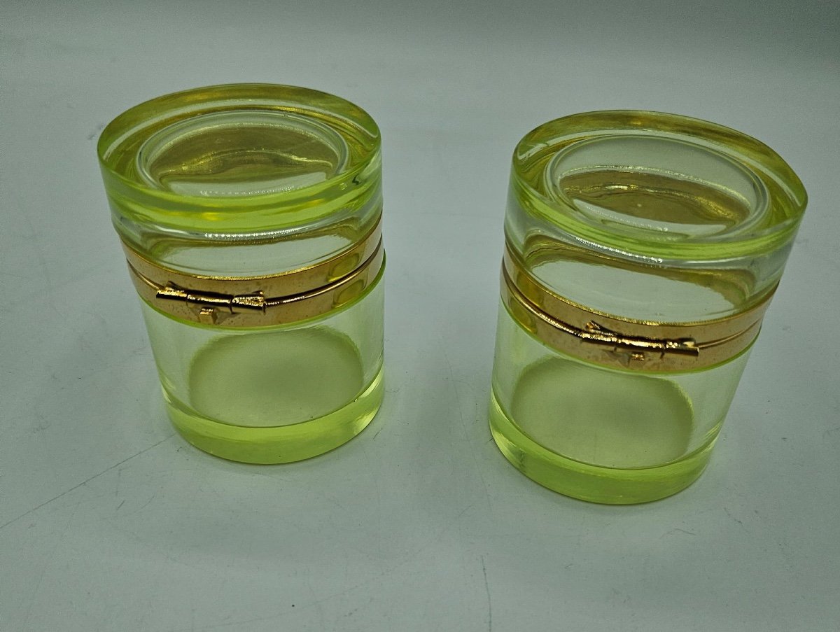 Antique Bohemian Uranium Crystal Glass Cylindrical Boxes,pair-photo-2