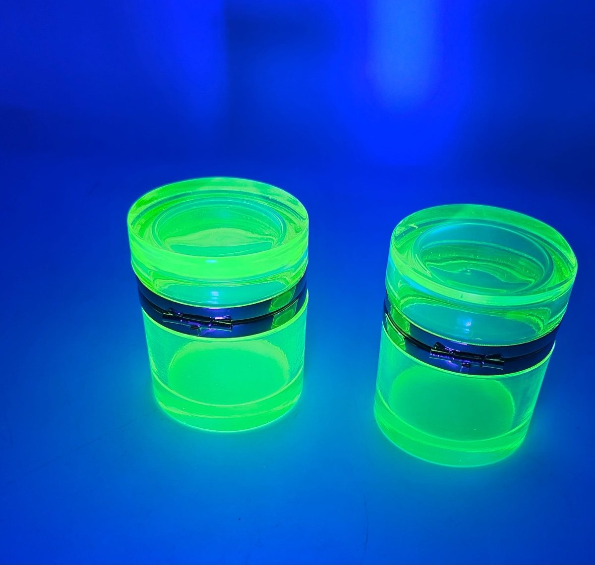 Antique Bohemian Uranium Crystal Glass Cylindrical Boxes,pair-photo-3