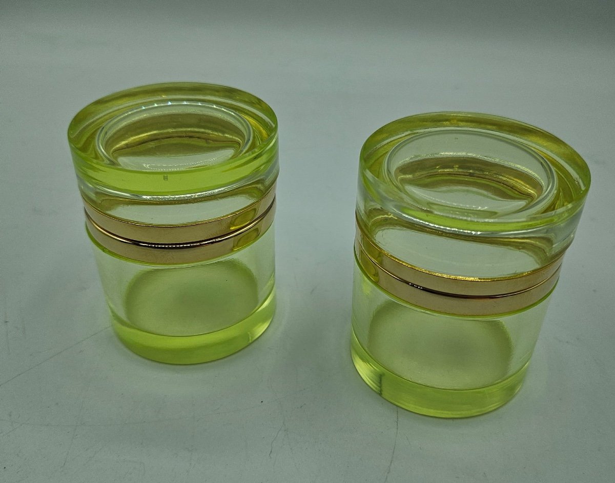 Antique Bohemian Uranium Crystal Glass Cylindrical Boxes,pair-photo-1