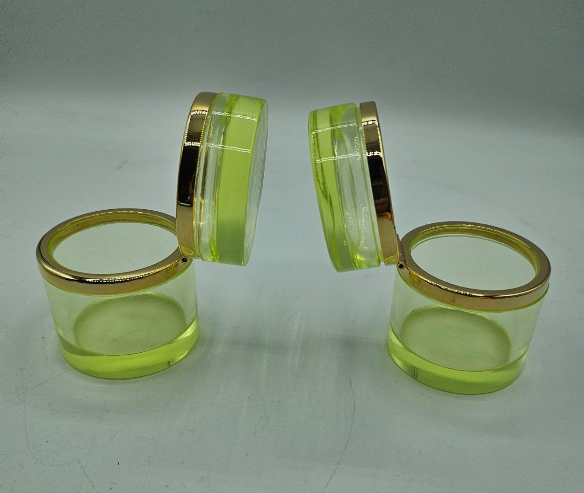 Antique Bohemian Uranium Crystal Glass Cylindrical Boxes,pair-photo-2