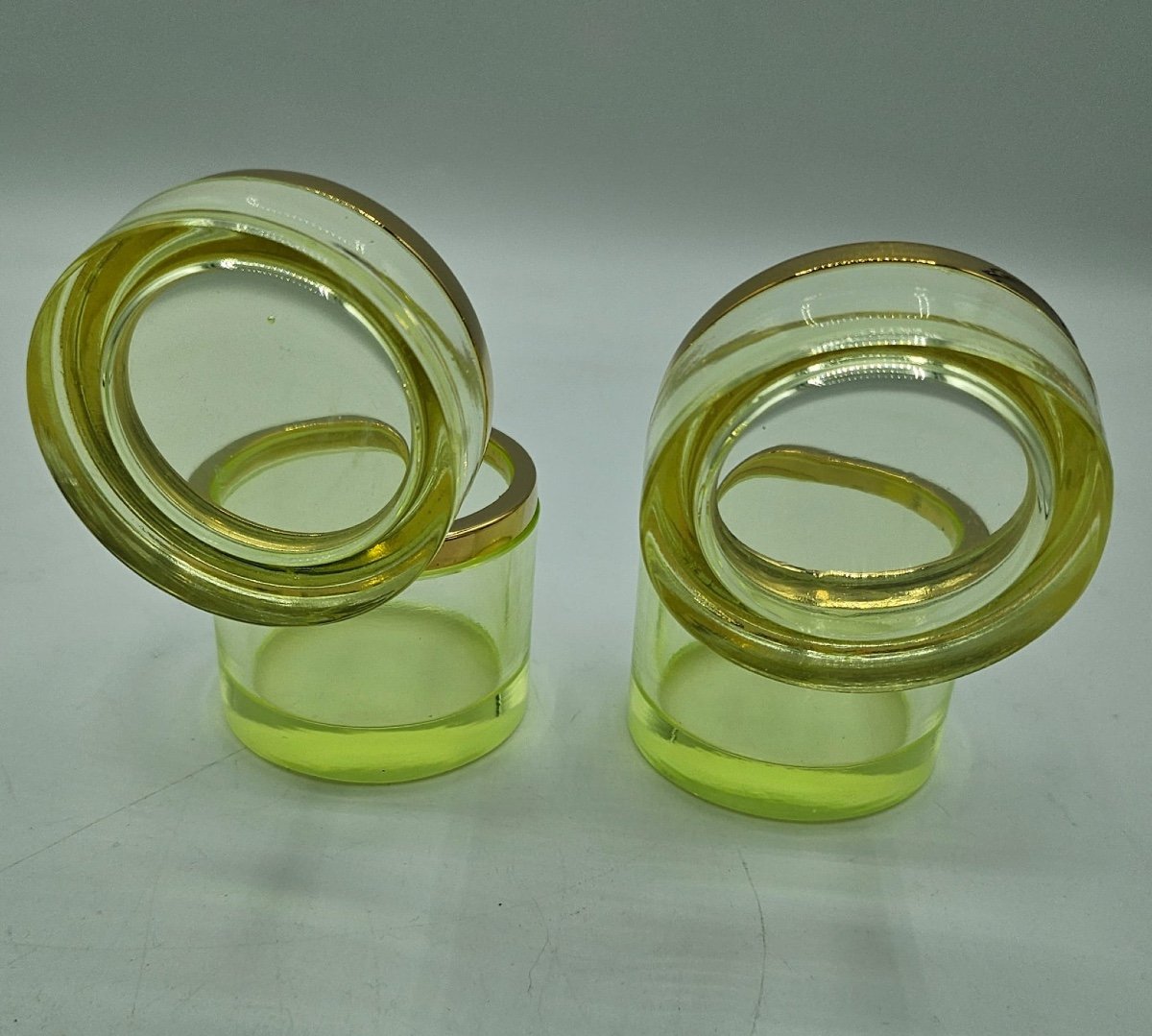 Antique Bohemian Uranium Crystal Glass Cylindrical Boxes,pair-photo-3