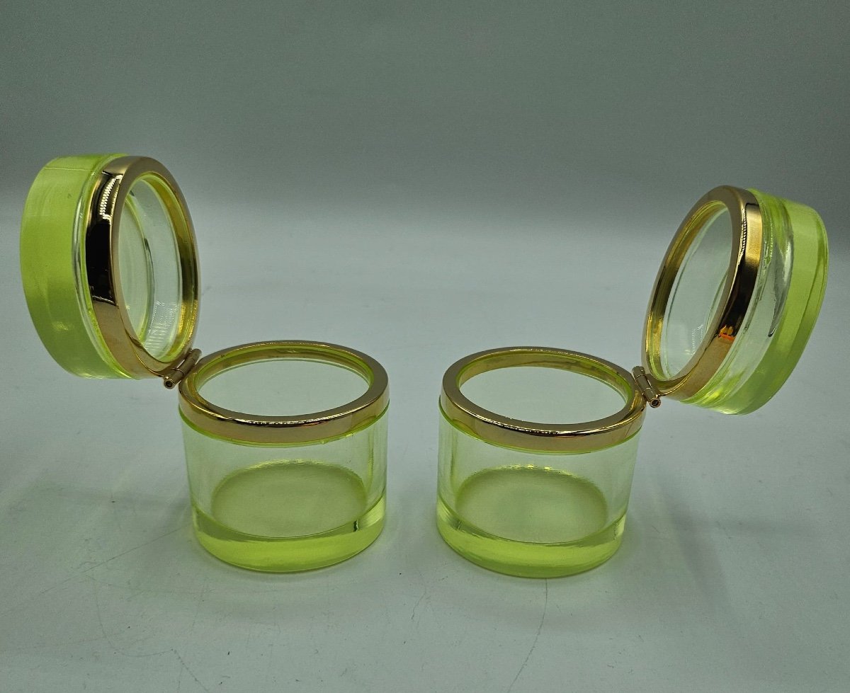 Antique Bohemian Uranium Crystal Glass Cylindrical Boxes,pair-photo-4