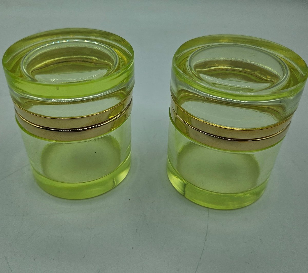 Antique Bohemian Uranium Crystal Glass Cylindrical Boxes,pair-photo-5