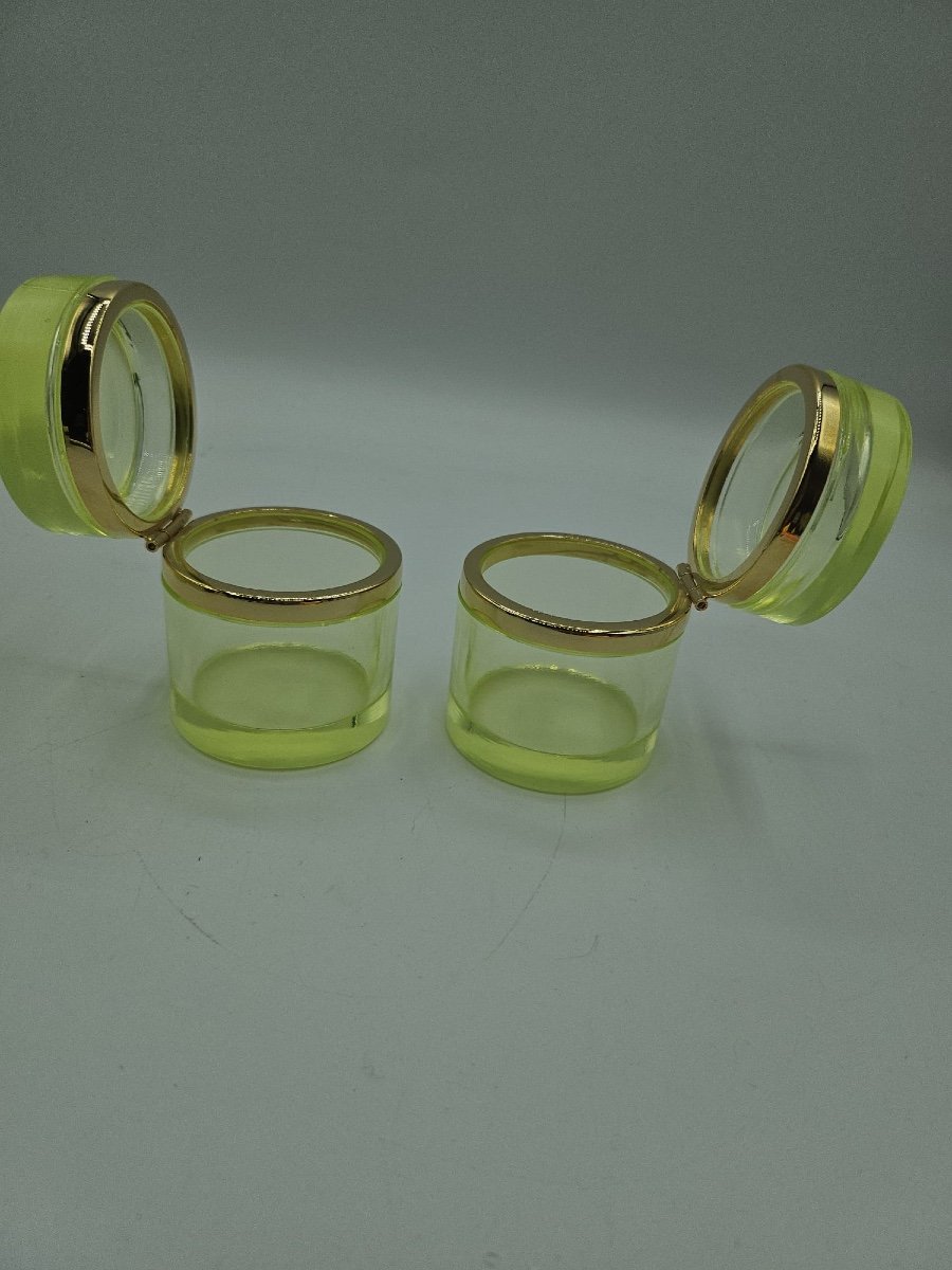 Antique Bohemian Uranium Crystal Glass Cylindrical Boxes,pair-photo-6