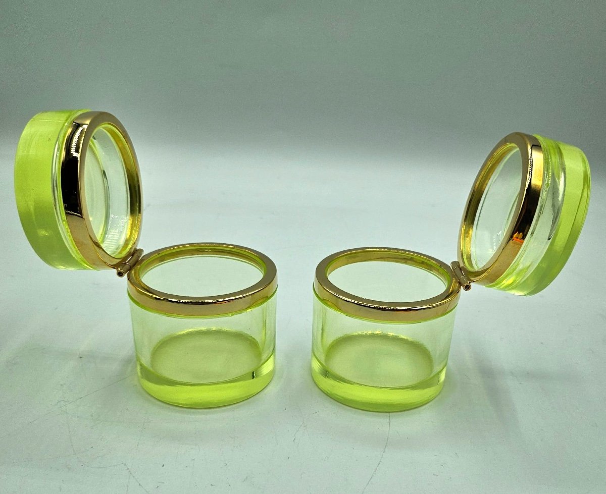 Antique Bohemian Uranium Crystal Glass Cylindrical Boxes,pair