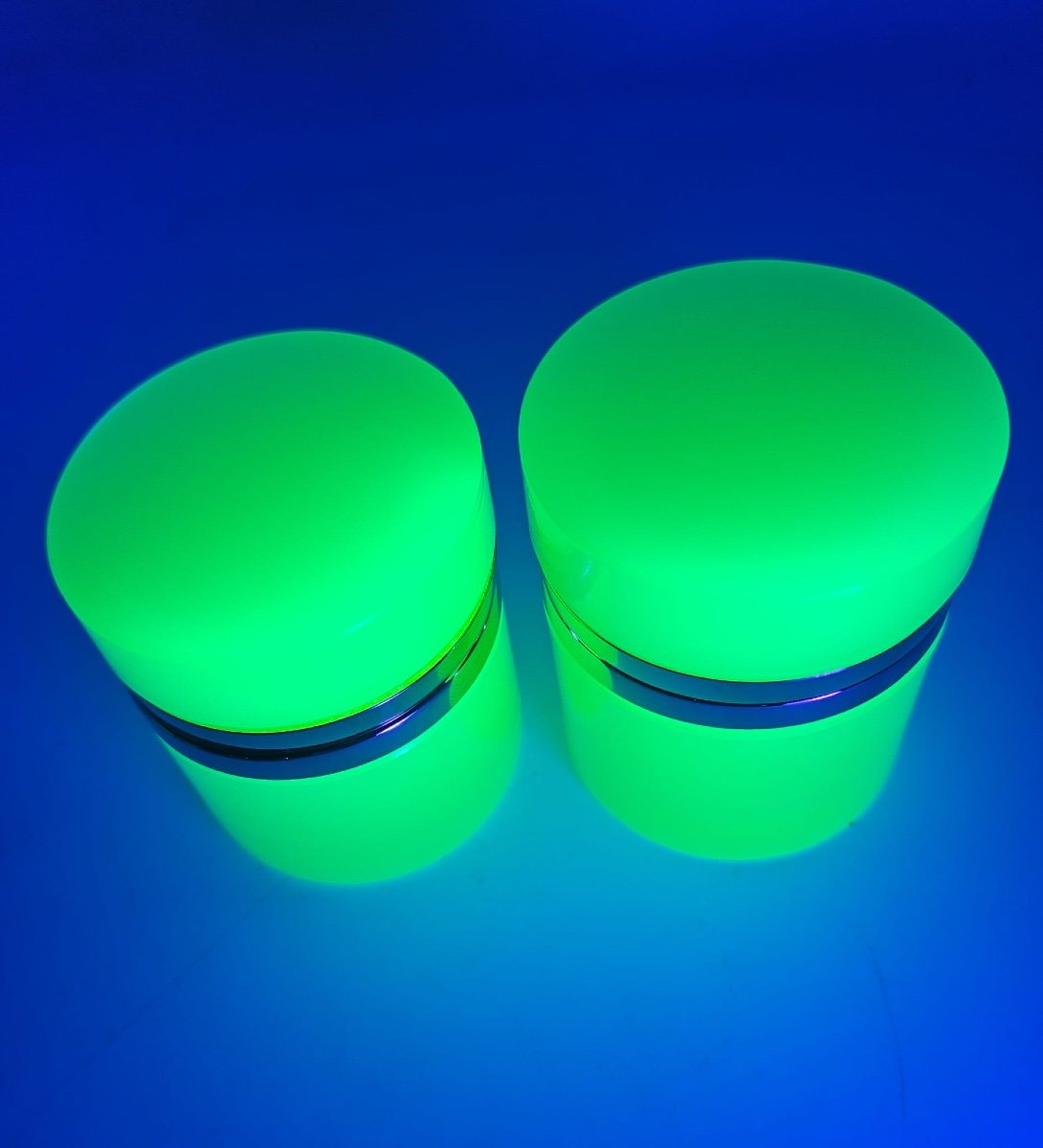 Antique Bohemian Uranium Crystal Glass Cylindrical Boxes,pair-photo-2