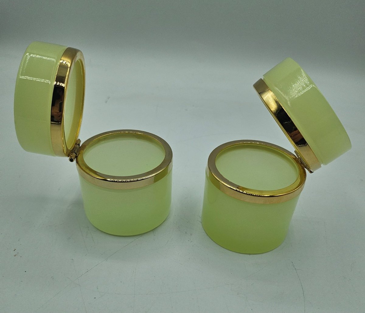 Antique Bohemian Uranium Crystal Glass Cylindrical Boxes,pair-photo-1