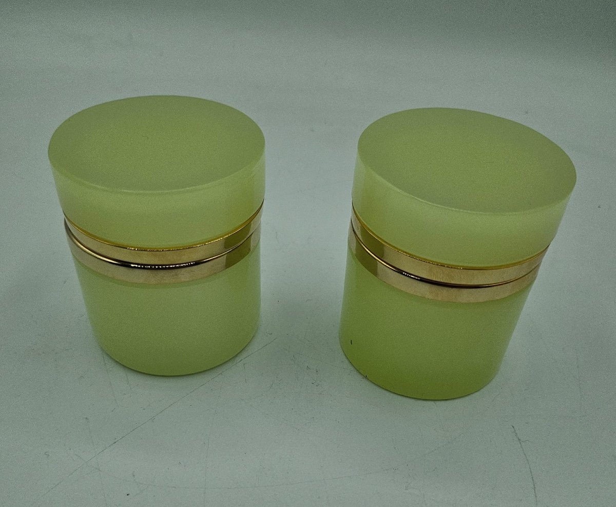 Antique Bohemian Uranium Crystal Glass Cylindrical Boxes,pair-photo-2