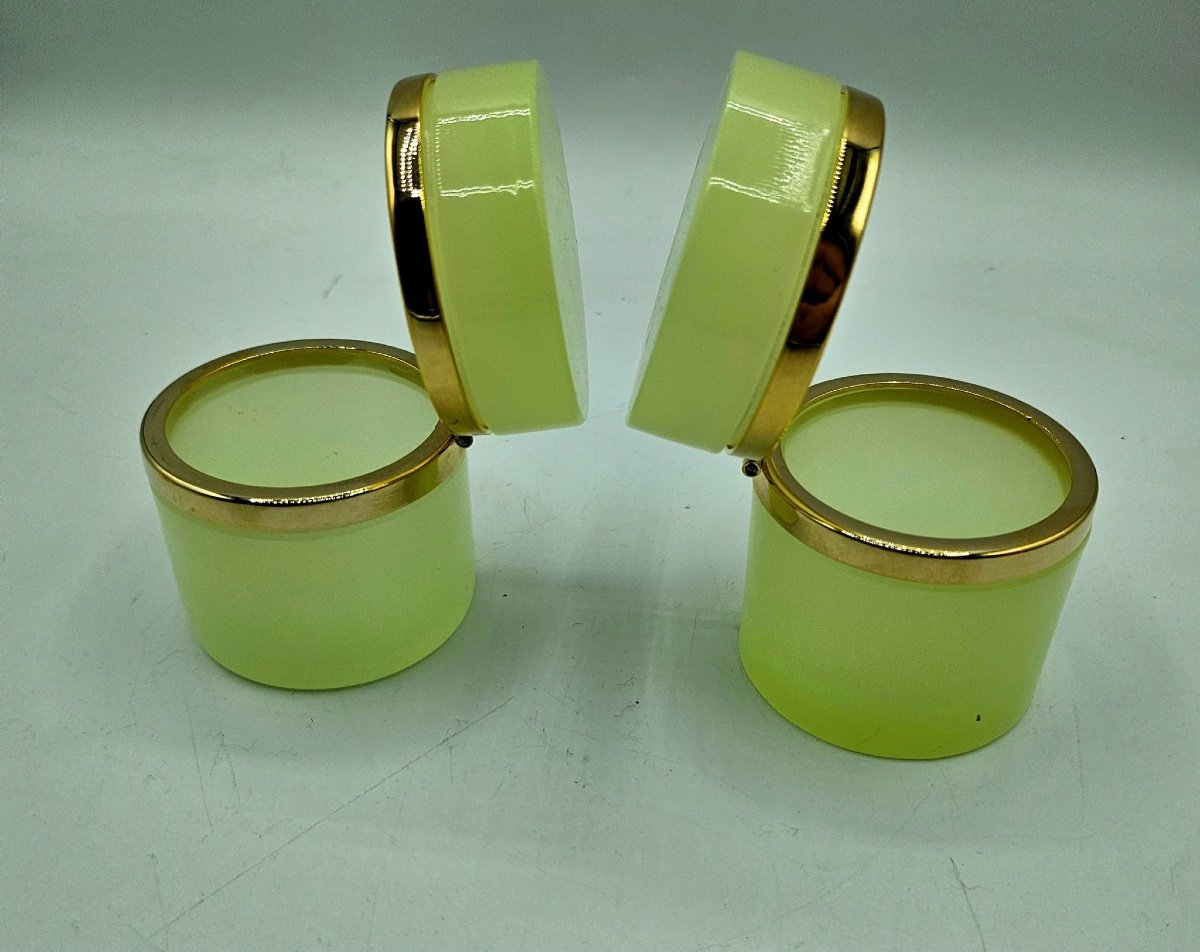 Antique Bohemian Uranium Crystal Glass Cylindrical Boxes,pair-photo-5