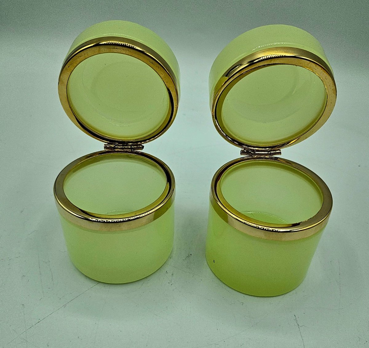 Antique Bohemian Uranium Crystal Glass Cylindrical Boxes,pair-photo-6