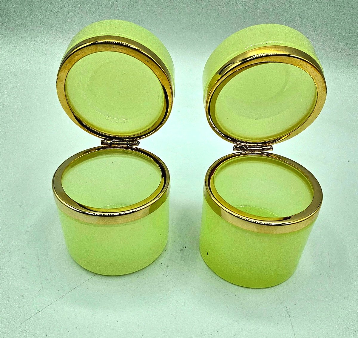 Antique Bohemian Uranium Crystal Glass Cylindrical Boxes,pair