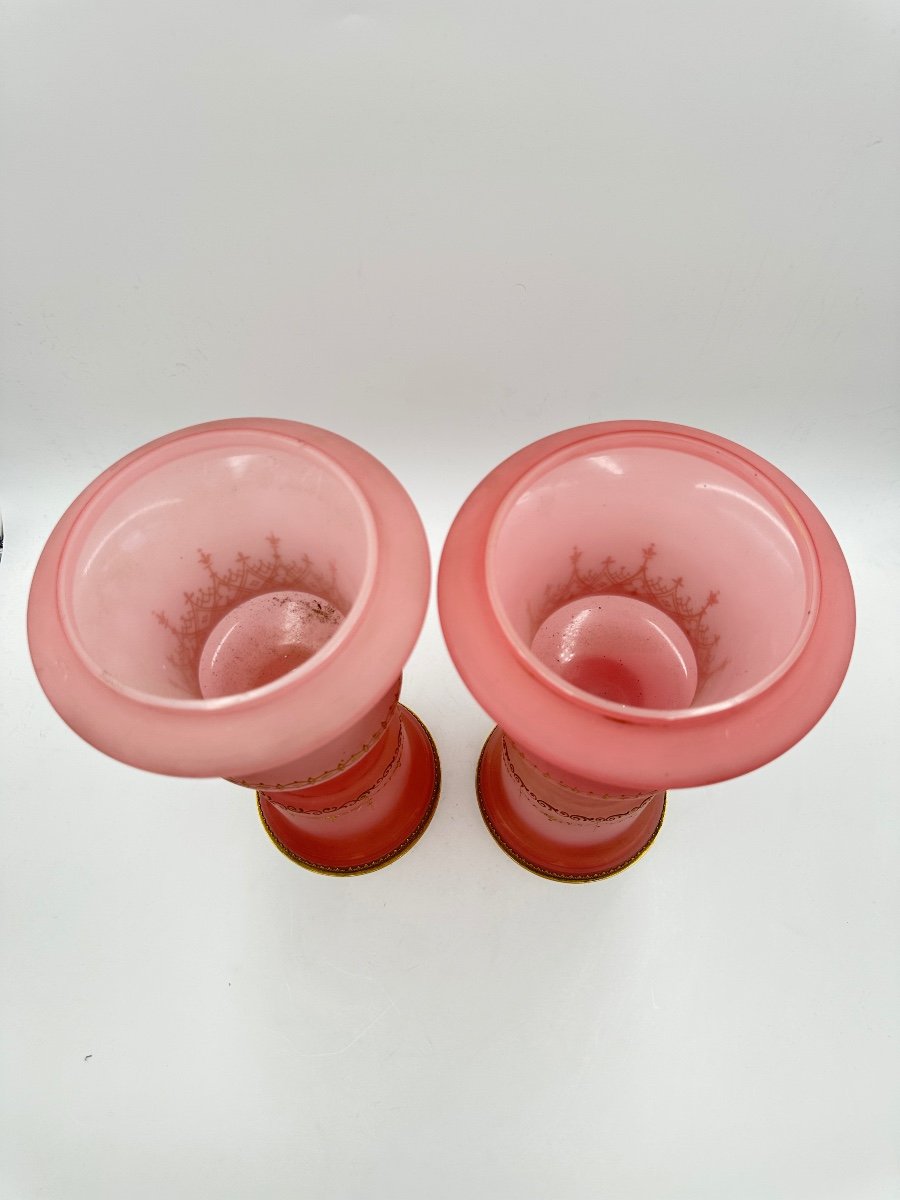 Pair Of Medici Vases  Pink Opaline With Gilded And Enameled Decoration, Feet Circled With Brass-photo-4