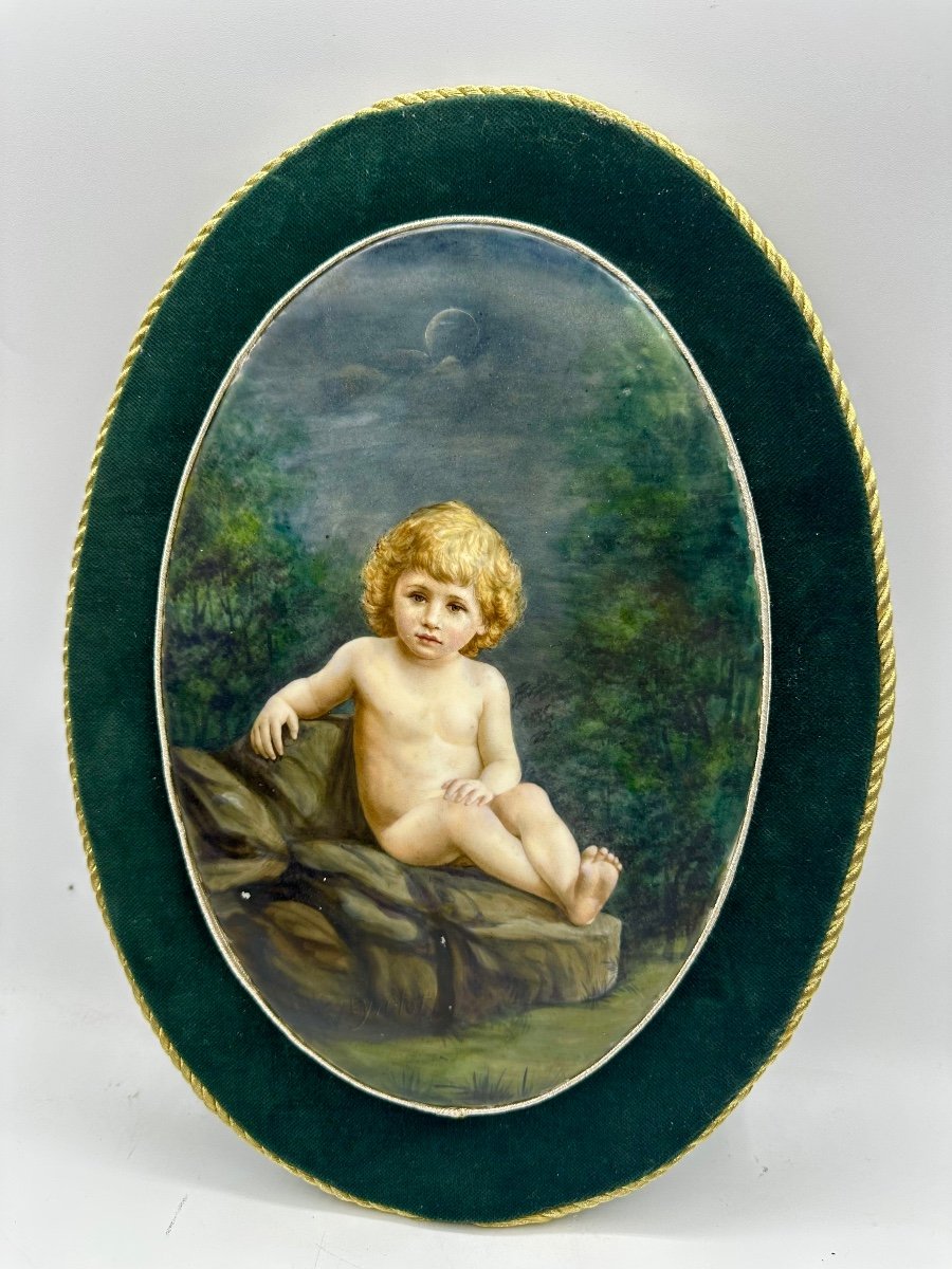 Very Unusual Xl Porcelain Oval Shaped Wall Plaque Depicted A Baby Boy.