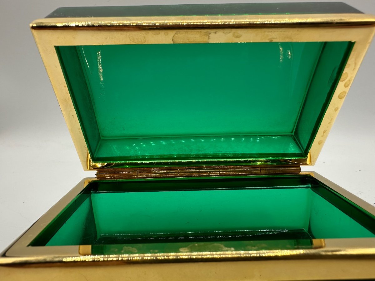 Boîte Coffret En Verre De Bohême Antique En Vert émeraude  -photo-3