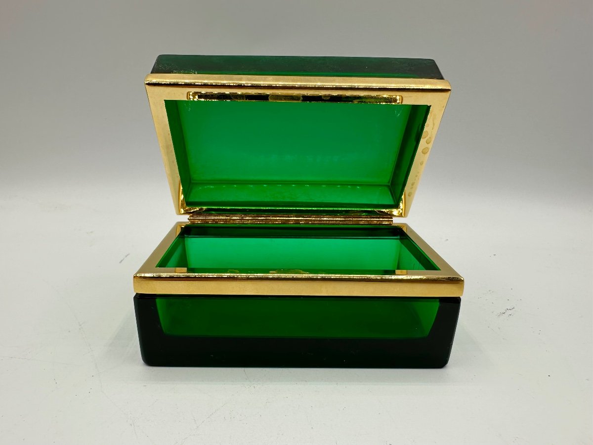 Boîte Coffret En Verre De Bohême Antique En Vert émeraude  