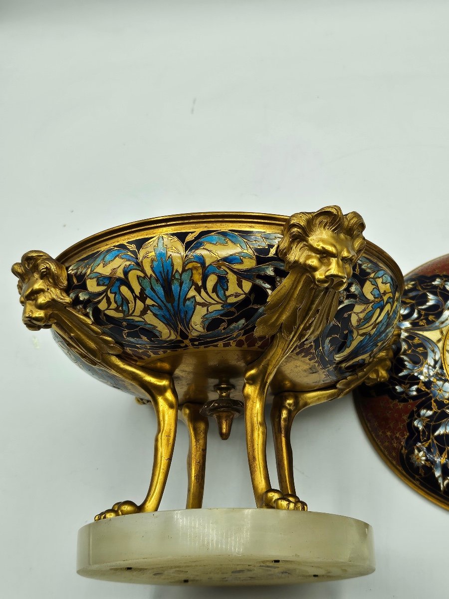 Bonbonnière F. Barbedienne Bronze Doré Et émail Cloisonné Polychrome-photo-4