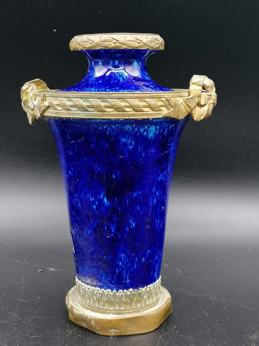 Small Antique De Sevres Vase In Deep Royal Blue Color, Metal Mounting
