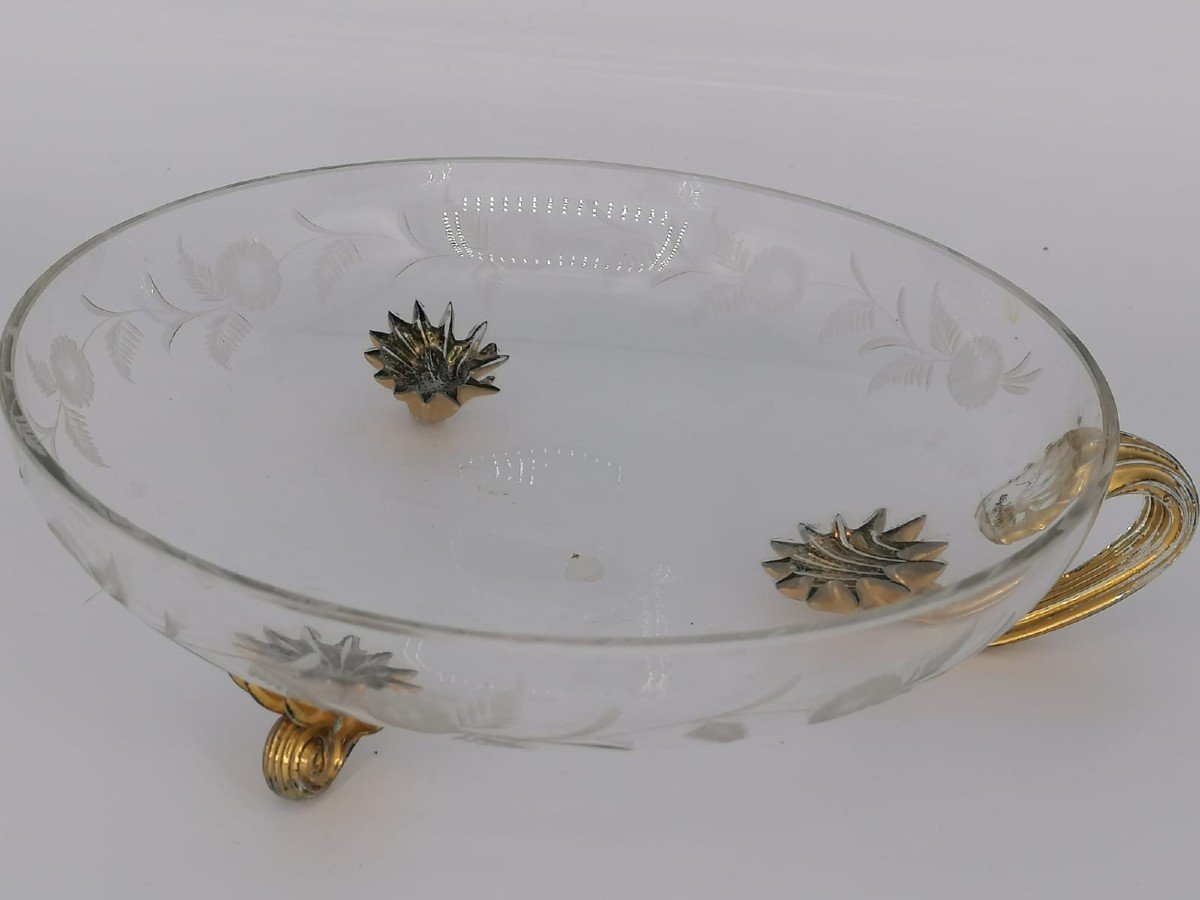 Antique Venetian Glass Set / Sweetmeats Etched With Flowers Glass Set With Gilded-photo-2