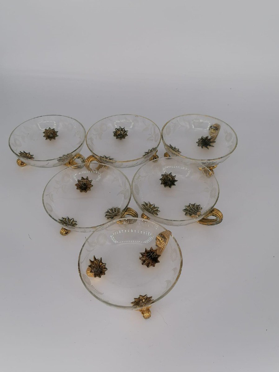 Antique Venetian Glass Set / Sweetmeats Etched With Flowers Glass Set With Gilded-photo-3