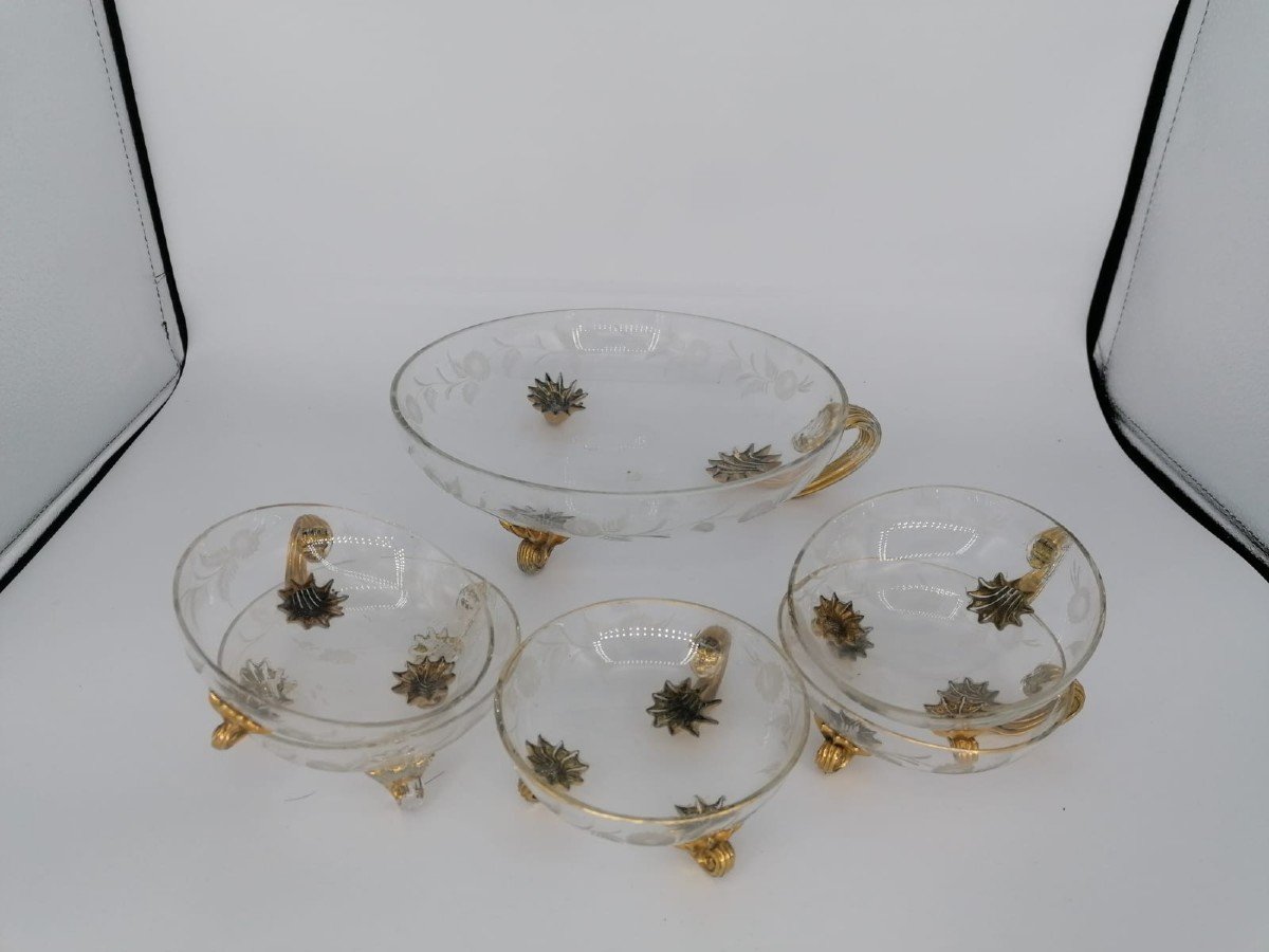 Antique Venetian Glass Set / Sweetmeats Etched With Flowers Glass Set With Gilded-photo-5