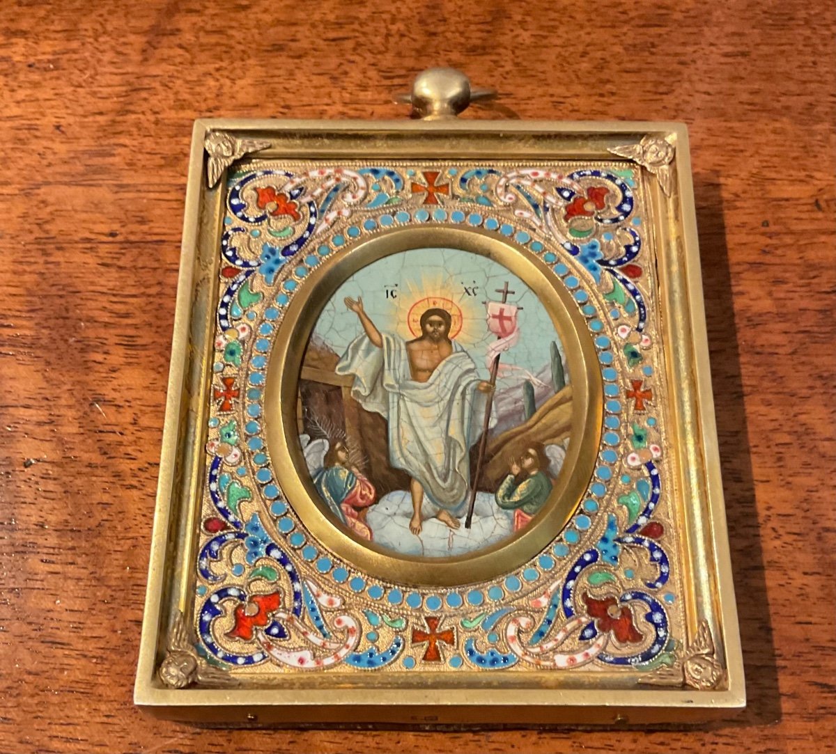 Antique Russian Icon With Oklad In Silver And Enamel Cloisonne The Resurrection-photo-3