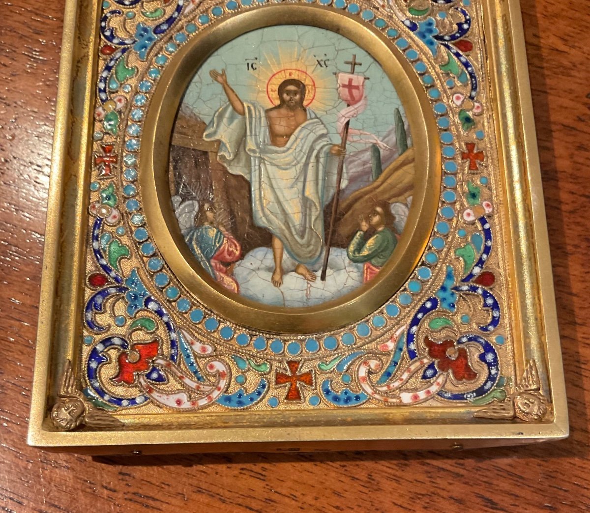 Antique Russian Icon With Oklad In Silver And Enamel Cloisonne The Resurrection-photo-4