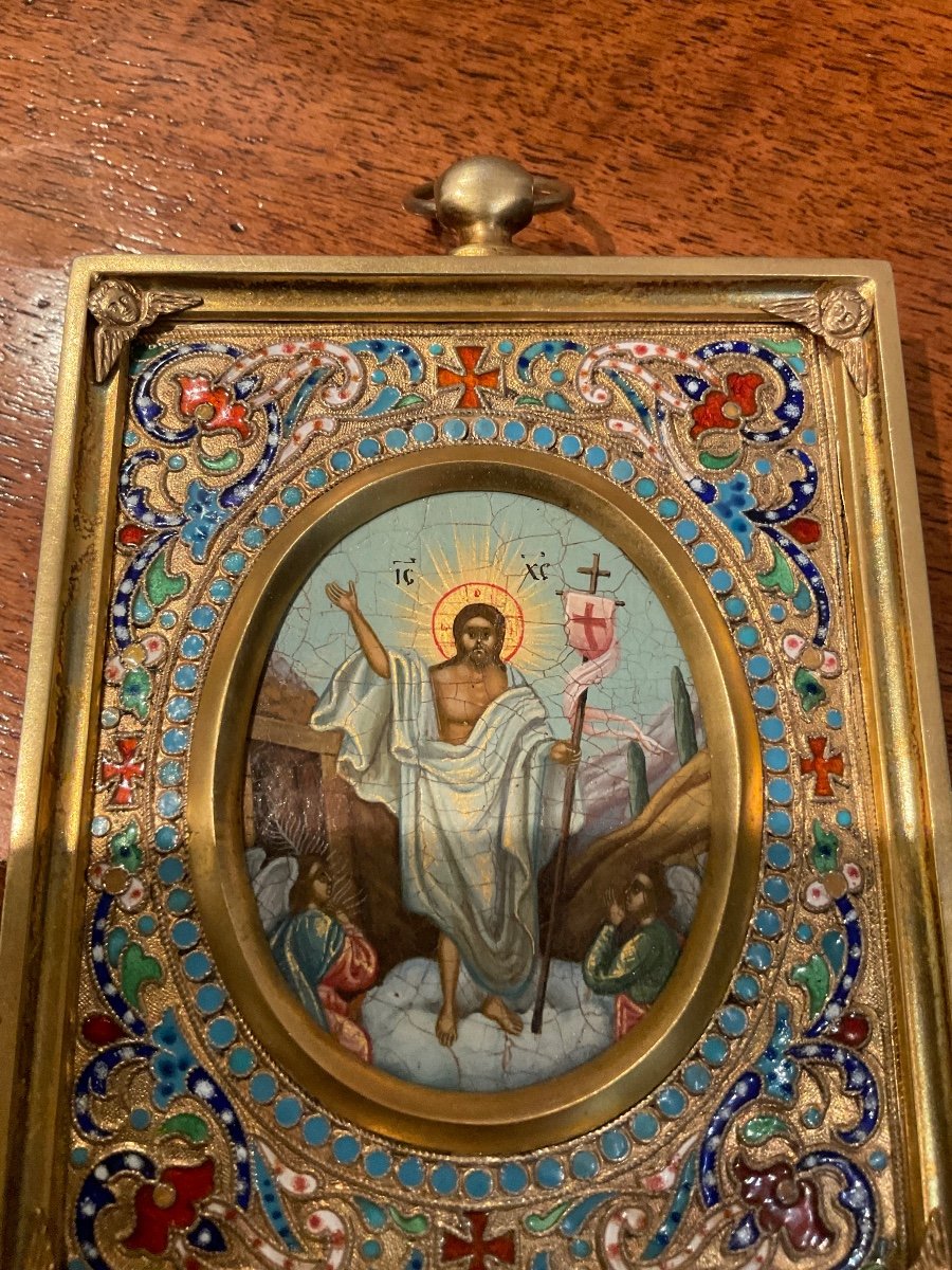 Antique Russian Icon With Oklad In Silver And Enamel Cloisonne The Resurrection-photo-5